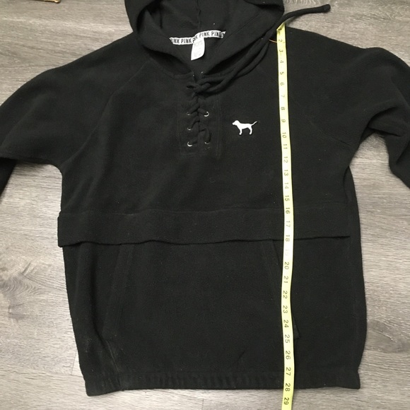 PINK Victoria Secret M Black Hooded Pullover Sweater Tie Front NYC Back Medium - Picture 7 of 10